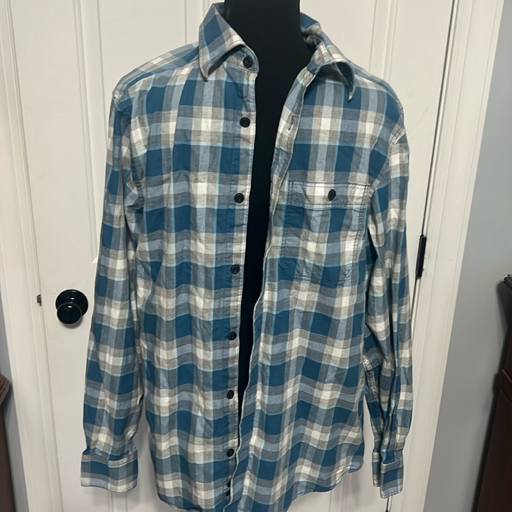 Long sleeve, blue, gray and white plaid shirt